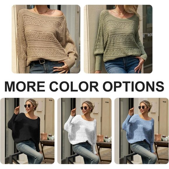 Women’s Green Off Shoulder Batwing Crochet Sweater Top, Fall Trendy - Picture 6 of 6